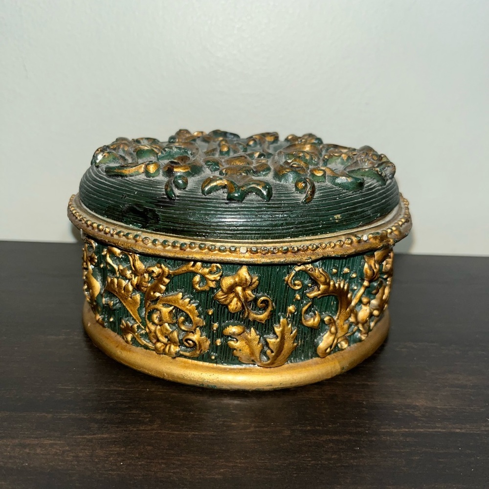 Dolgencorp Vintage Green Trinket Box with Gold Floral Details
